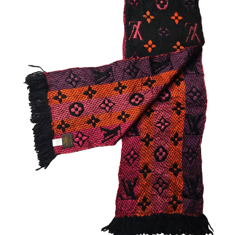 Louis Vuitton LV Black Pink Orange Multi-color Shine Monogram Logomania Scarf - Picture 4 of 8